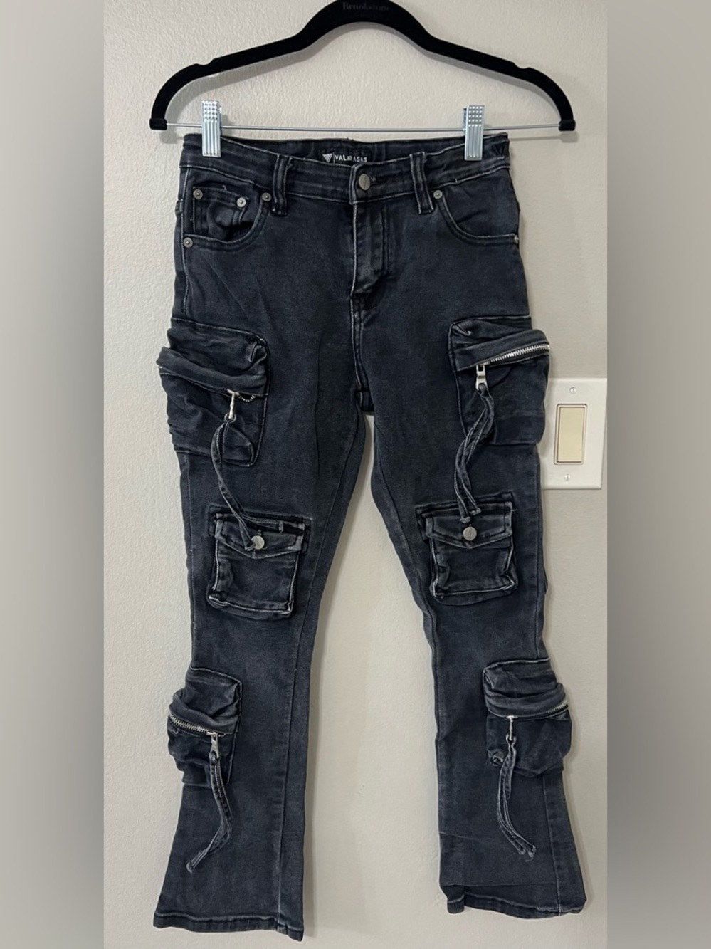 Valabasas Cargo Jeans Youth 12 Black Stacked Pocket Moto Streetwear Denim